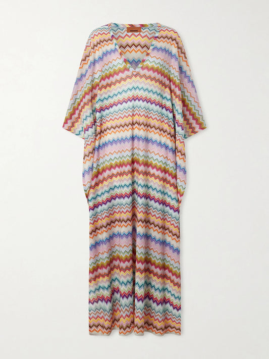Striped Metallic Crochet-knit Kaftan