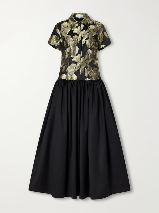 Abadia Gathered Floral-brocade And Twill Midi Dress