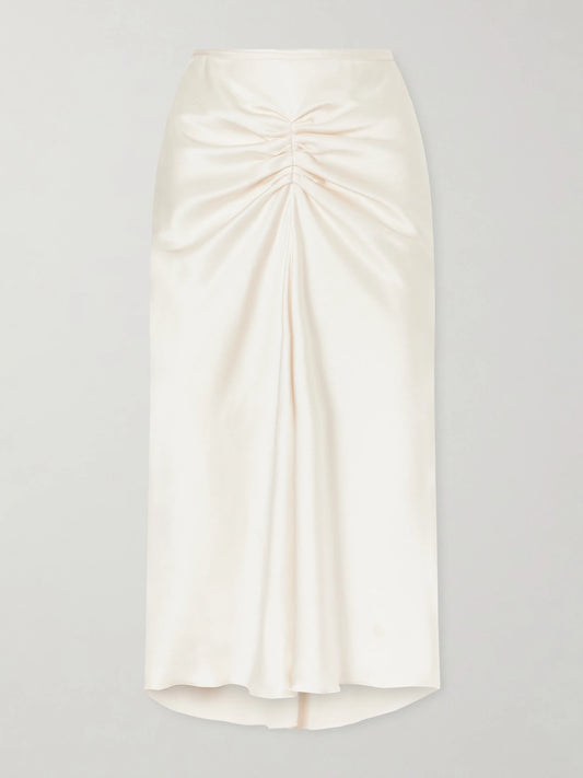 Bela Ruched Satin Midi Skirt