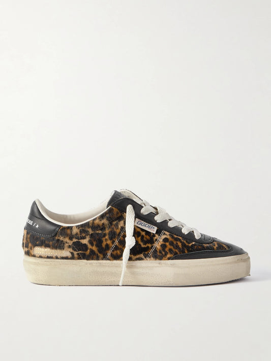 Soul-star Distressed Leather-trimmed Leopard-print Calf Hair Sneakers