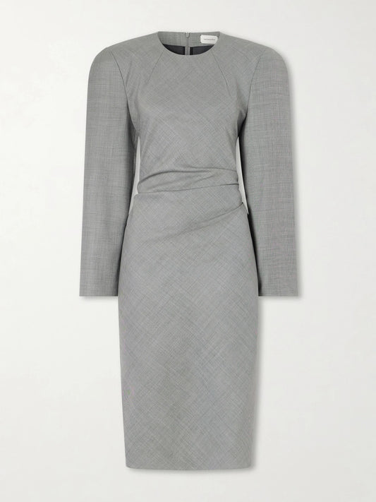 Tie-detailed Gathered Padded Wool-blend Midi Dress