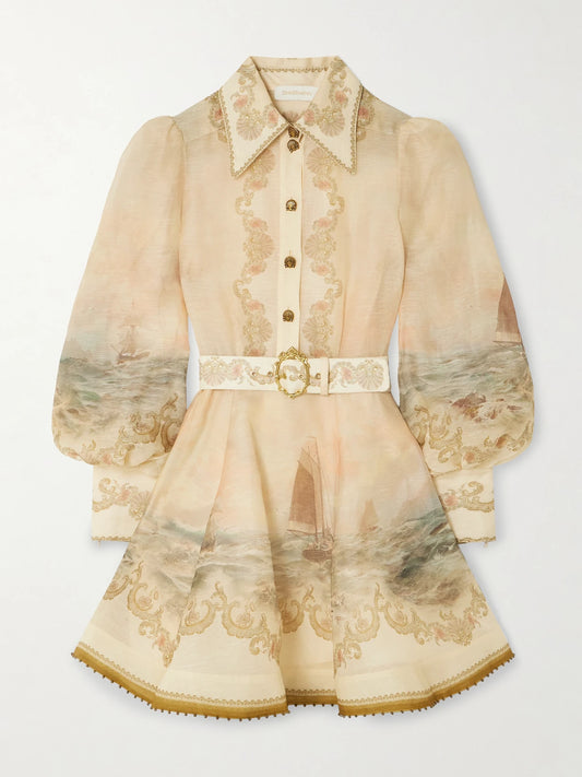 Rebellion Bead-embellished Belted Printed Linen And Silk-blend Mini Dress
