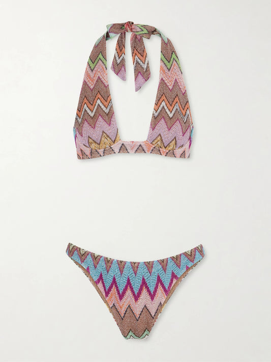 Mare Striped Metallic Crochet-knit Bikini