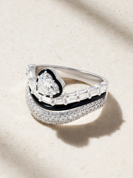 Heart 18-karat White Gold, Diamond And Enamel Ring