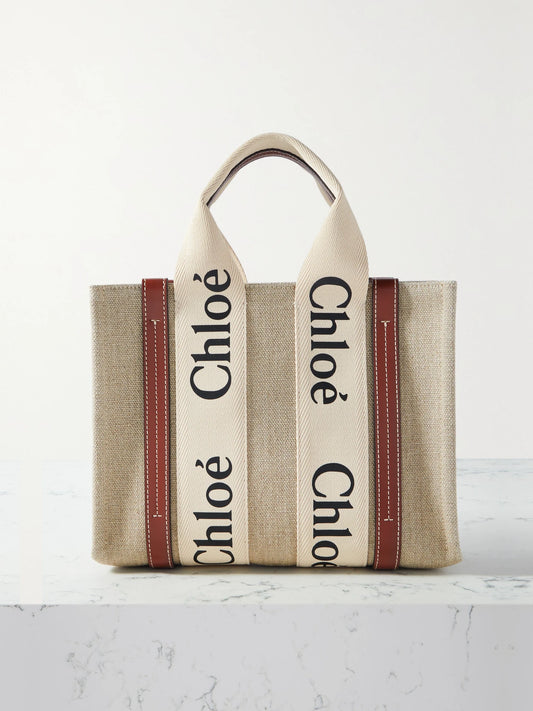 + Net Sustain Woody Small Embroidered Leather-trimmed Linen Tote
