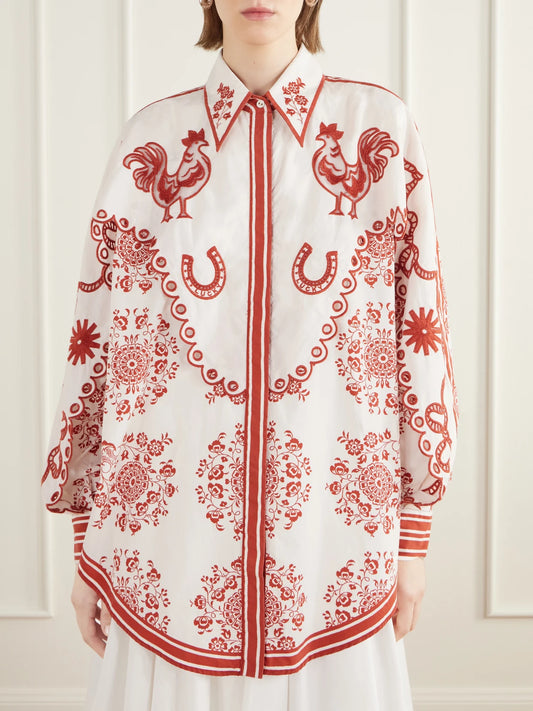 ALÉMAIS Giddy Scalloped Embroidered Printed Cotton-poplin Shirt