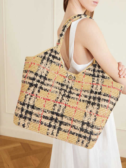 Margate Checked Woven Raffia Tote