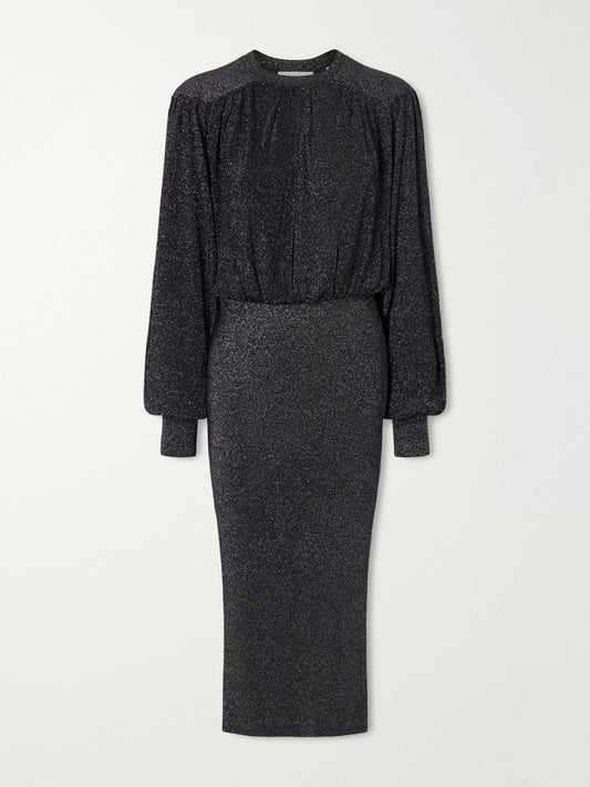 ISABEL MARANT Aliza Gathered Metallic Knitted Midi Dress