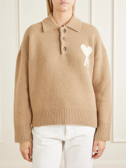 AMI PARIS Logo-embroidered Wool-blend Polo Shirt