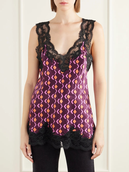 RABANNE Printed Lace-trimmed Silk-satin Cami