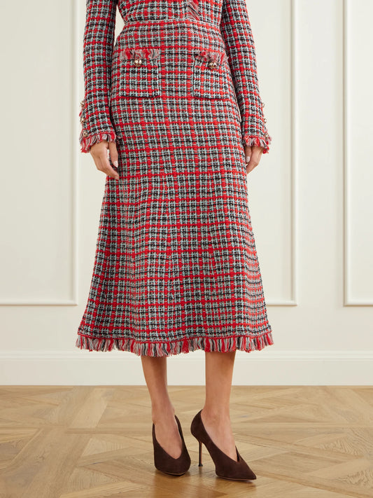 Self-Portrait Frayed Cotton-blend Tweed Midi Skirt