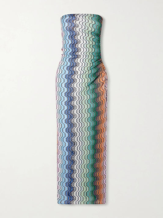 Strapless Striped Metallic Crochet-knit Coverup