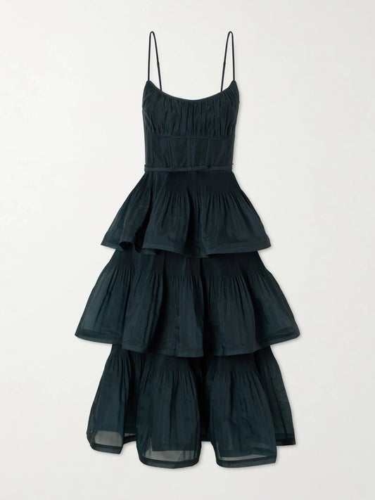 Zimmermann Belted Tiered Chiffon Midi Dress