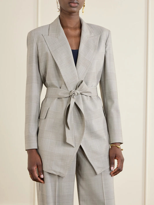 Belted Checked Wool Blazer
