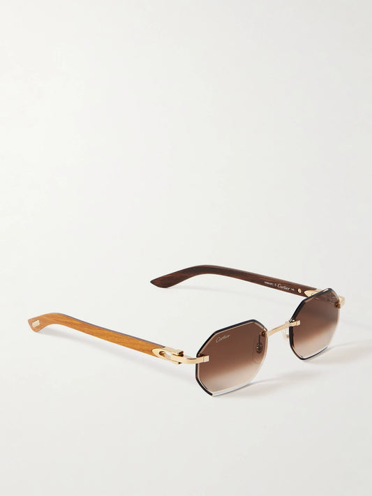 Octagon-frame Gold-tone And Wood Sunglasses
