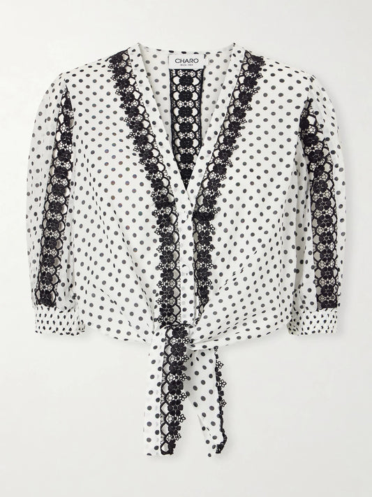Olivar Knotted Guipure Lace-trimmed Polka-dot Cotton-blend Voile Blouse