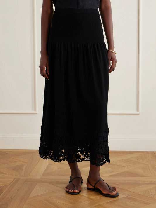 Leona Crochet-trimmed Ribbed Midi Skirt