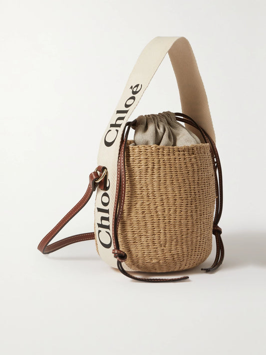 Woody Small Leather-trimmed Raffia Basket Bag