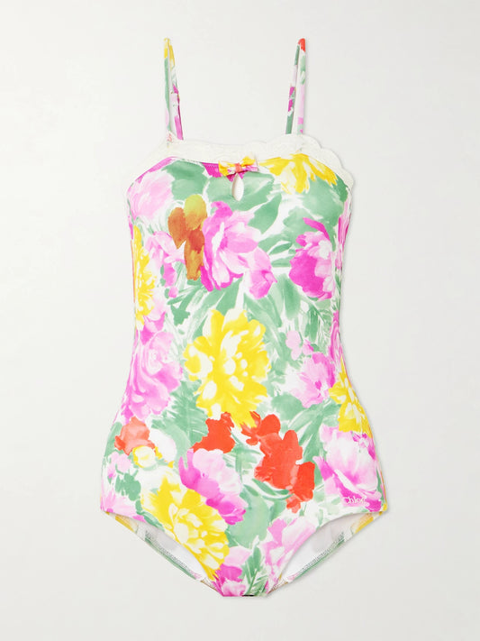 Lace-trimmed Floral-print Swimsuit