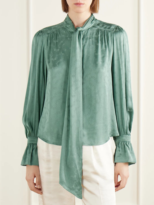 RIXO Evanora Pussy-bow Gathered Floral-jacquard Satin Blouse
