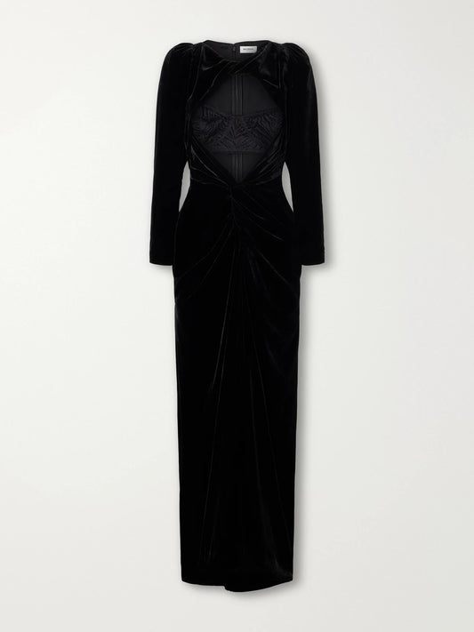 Balmain Open-front Lingerie-detail Gathered Velvet Maxi Gown