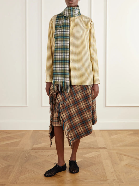 Auralee Fringed Checked Cashmere Scarf