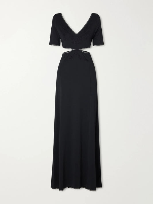 RABANNE Cut-out Lace-trimmed Crepe-satin Maxi Dress