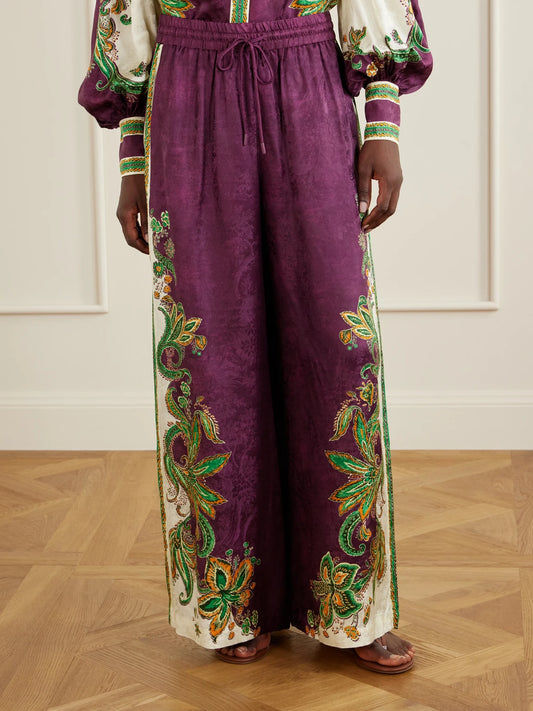 ALÉMAIS Ruthie Printed Satin-jacquard Wide-leg Pants