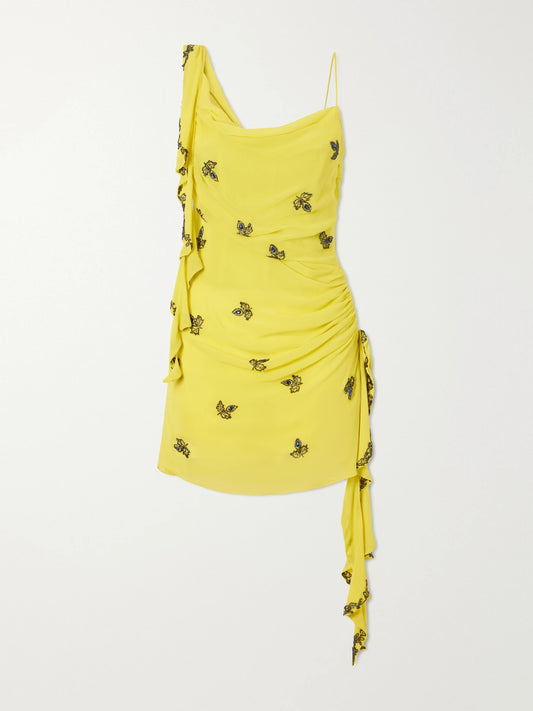 Isola Asymmetric Gathered Embellished Chiffon Mini Dress
