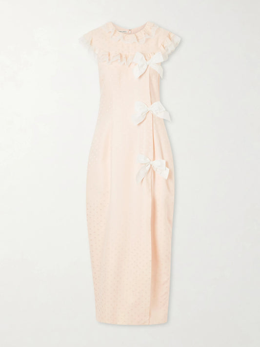 Lace-trimmed Bow-detail Printed Silk-jacquard Midi Dress