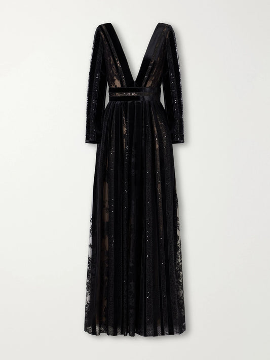 Costarellos Malena Sequin-embellished Velvet-trimmed Lace Gown