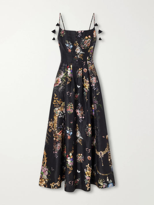Camilla Flamenco Folklore Floral-print Linen And Silk-blend Dupioni Midi Dress