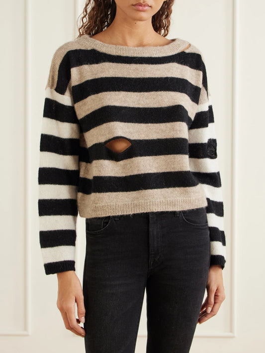 Mother The Cold Shoulder Distressed Cropped Striped Alpaca-blend Sweater