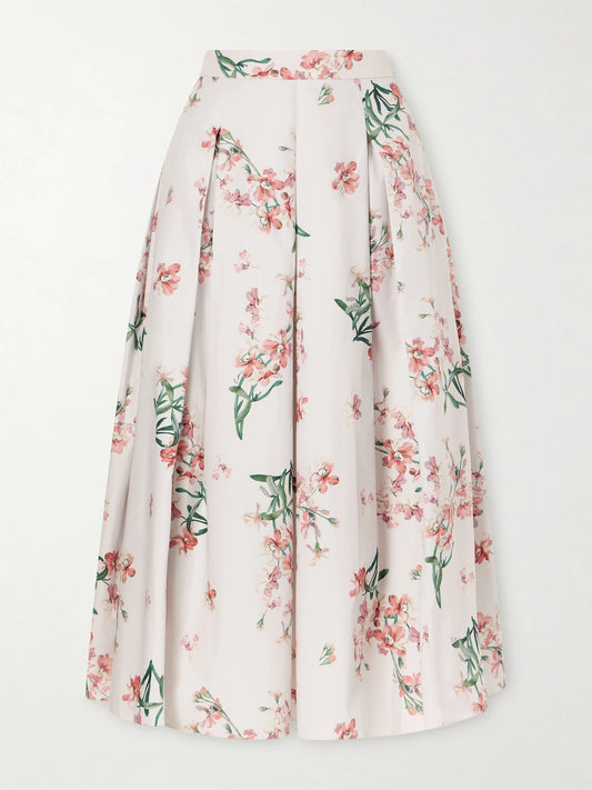 Pleated Floral-print Cotton-poplin Midi Skirt