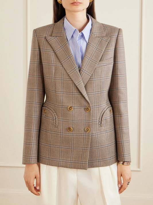 Saona Charmer Double-breasted Checked Virgin Wool Blazer