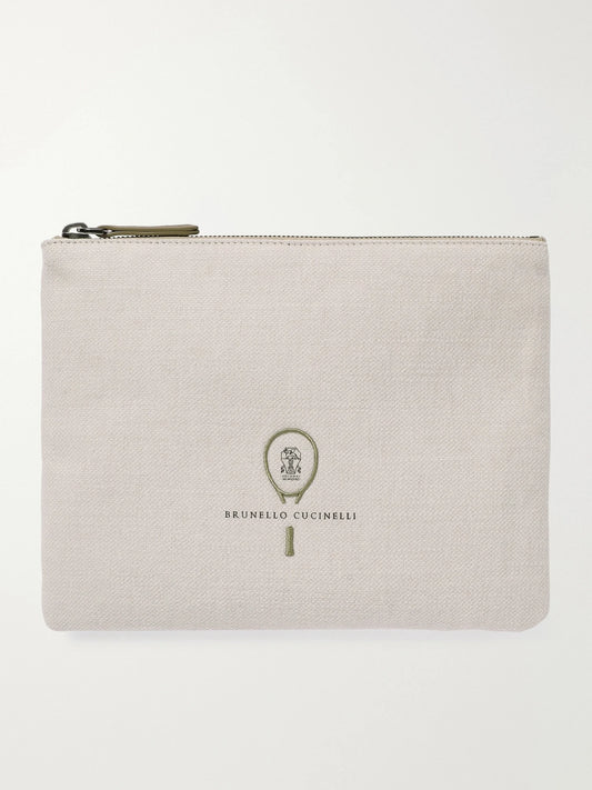Embroidered Leather-trimmed Cotton And Linen-blend Tweed Pouch