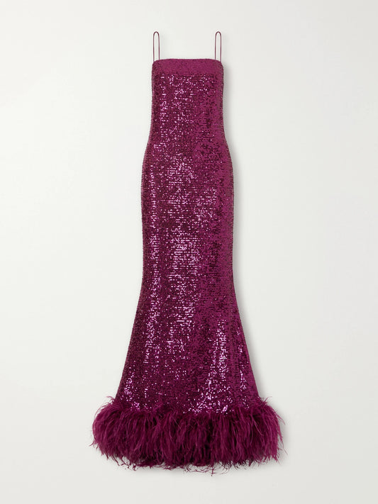 Taller Marmo Feather-trimmed Sequined Gown