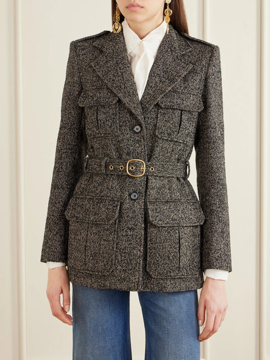 Belted Herringbone Wool-blend Jacket