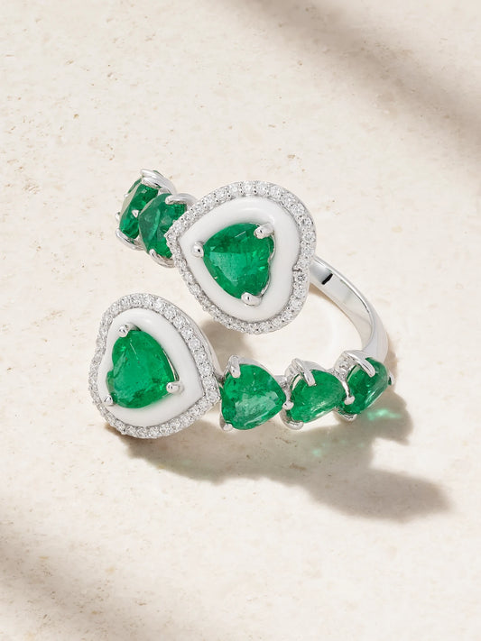 Sea 18-karat White Gold, Emerald, Diamond And Enamel Ring