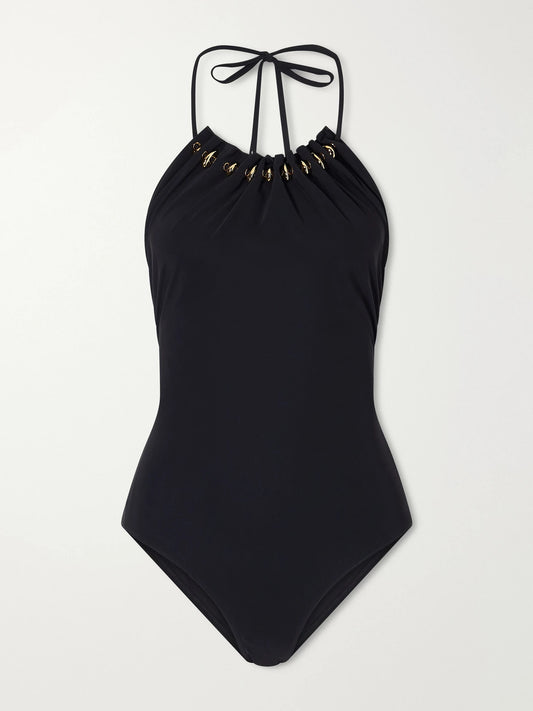 Zimmermann Fairlight Embellished Gathered Halterneck Swimsuit
