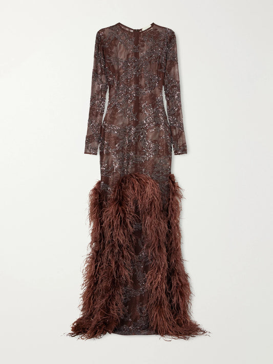 Ilkyaz Ozel Byblos Feather-trimmed Sequin-embellished Mesh Gown
