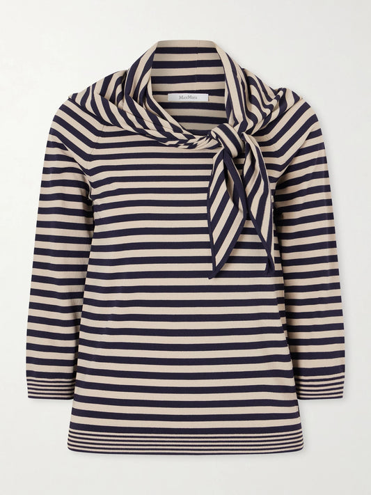 Tie-detailed Striped Jersey Sweater