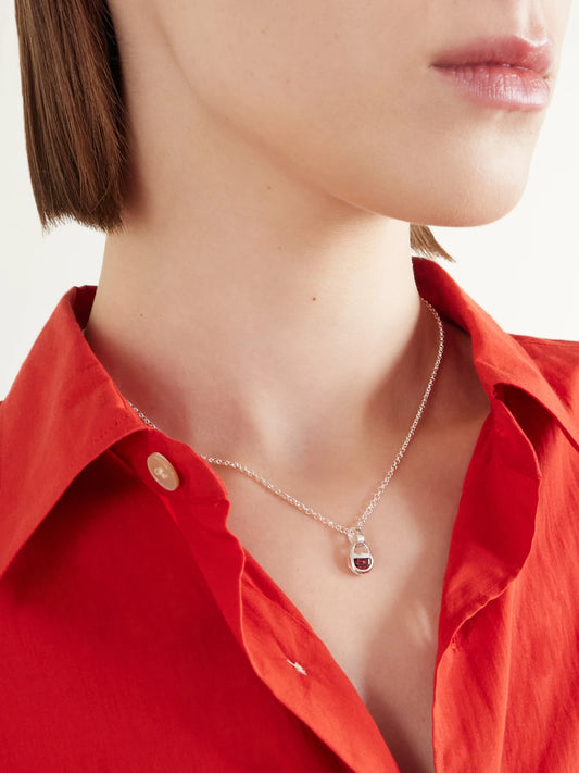 Loren Stewart Mini Half Moon Lock Silver Garnet Necklace