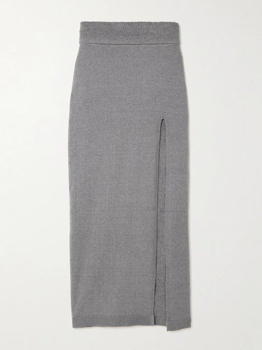 Textured Knit High Slit Long Skirt - Dark Heather Gray