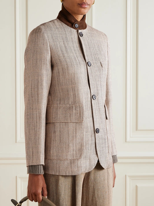 Suede-trimmed Silk And Linen-blend Jacket