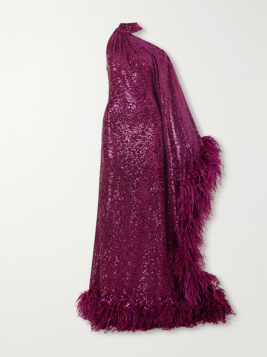 Taller Marmo One-shoulder Feather-trimmed Sequined Gown