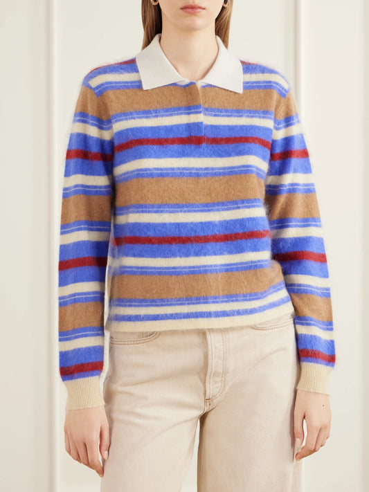 Guest In Residence Grizzly Cropped Striped Brushed Cashmere Polo Sweater