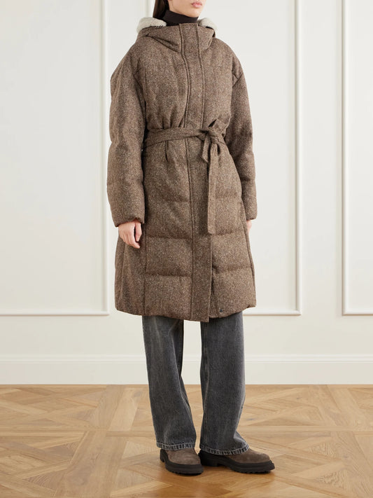 Brunello Cucinelli Hooded Belted Padded Quilted Shearling-trimmed Wool-blend Down Jacket