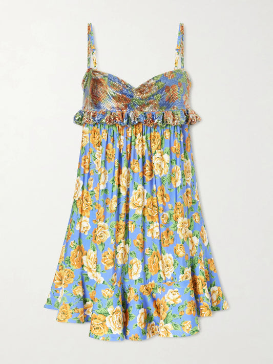 Embellished Ruffled Floral-print Jersey Mini Dress