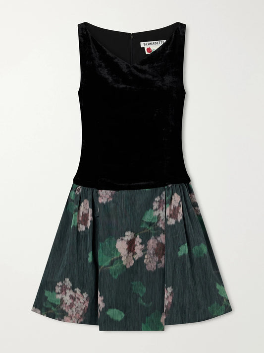 BERNADETTE Yael Pleated Floral-print Velvet And Taffeta Mini Dress